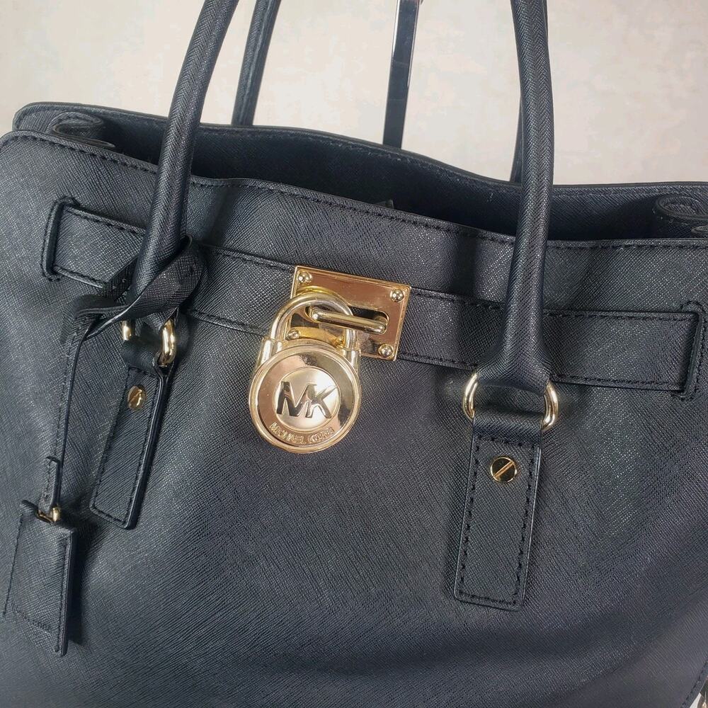 Michael Kors Hamilton Large Saffiano Leather Black Satchel Bag Gold Chain Purse - Picture 8 of 16